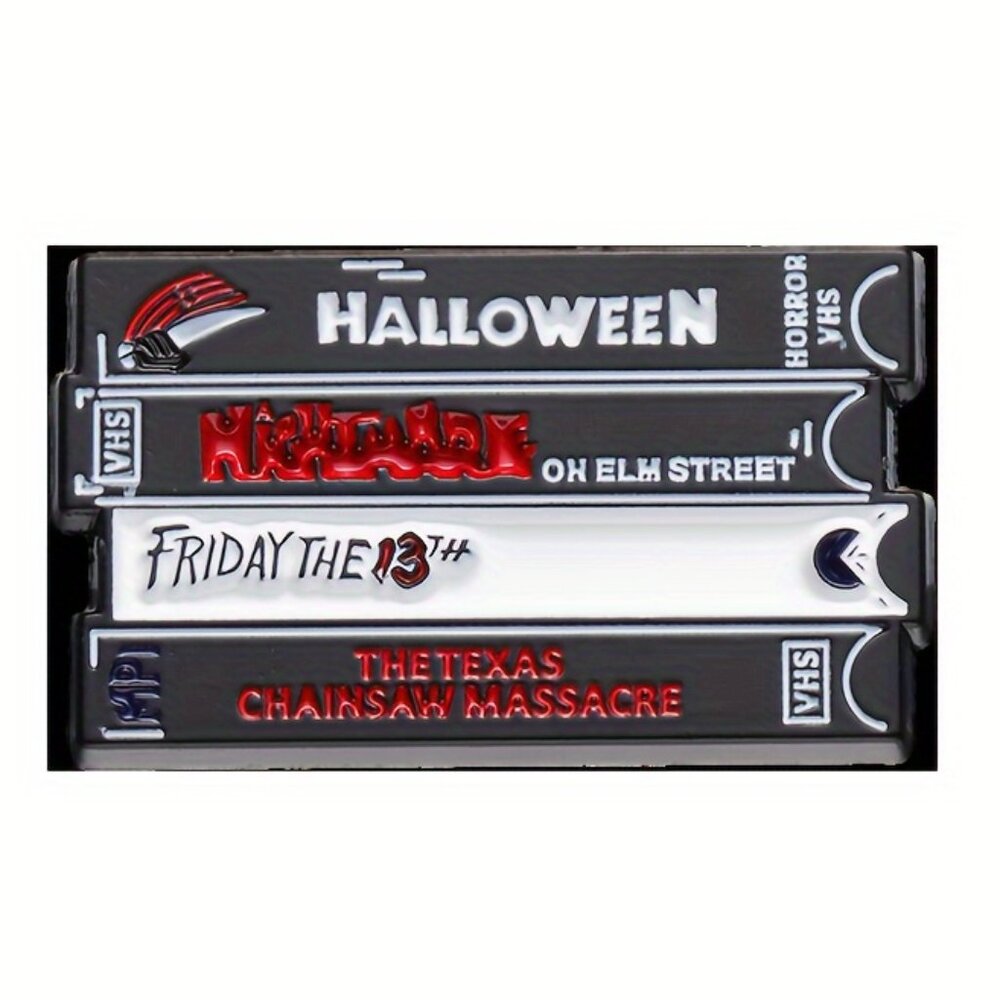 STACK OF CLASSIC HORROR FILM VHS TAPES OIL DRIPPED ENAMEL PIN BROOCH NWT